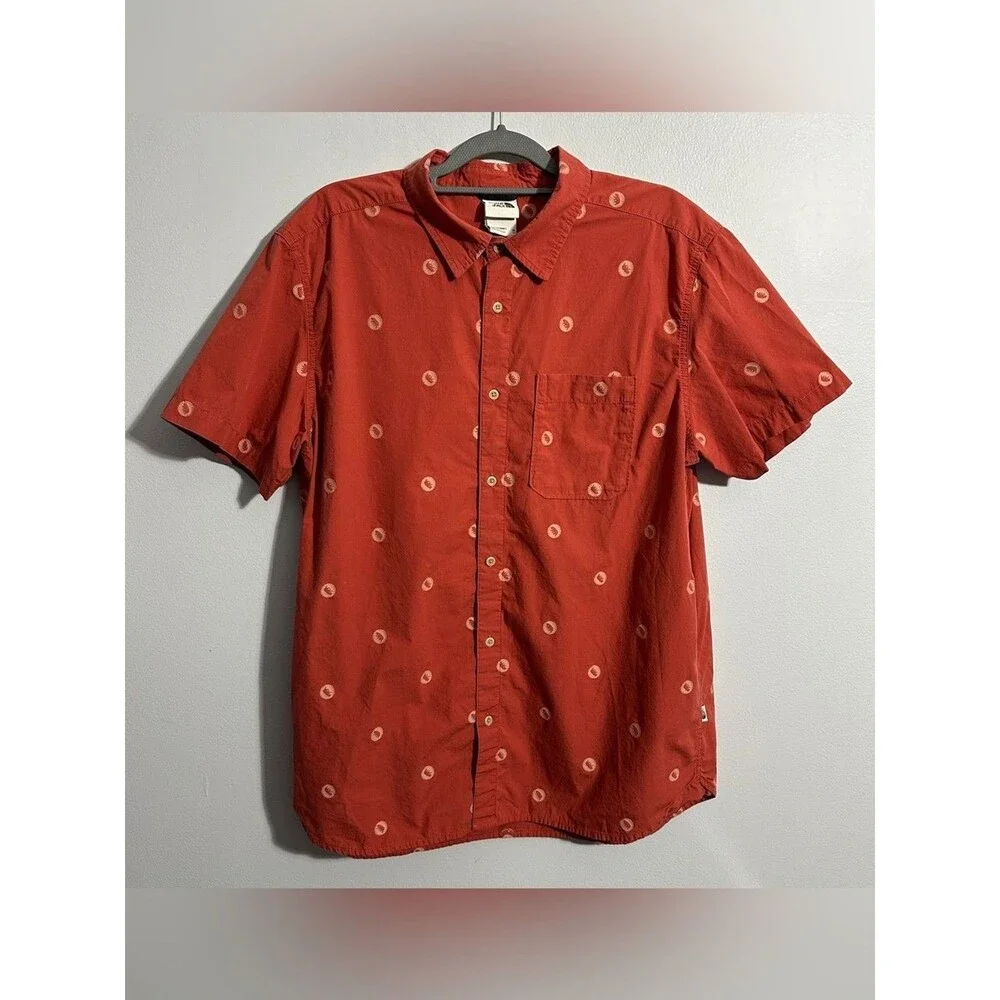 The North Face Mens XL Button Up Shirt Rust Bear Print Short Sleeve Cotton